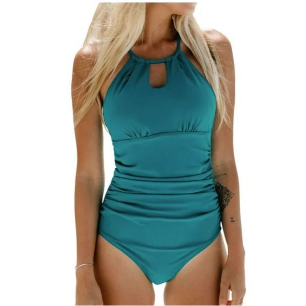 Cupshe Womens Swimsuit Sz S New w/Tags Teal Keyhole Neck Tummy Control One-Piece